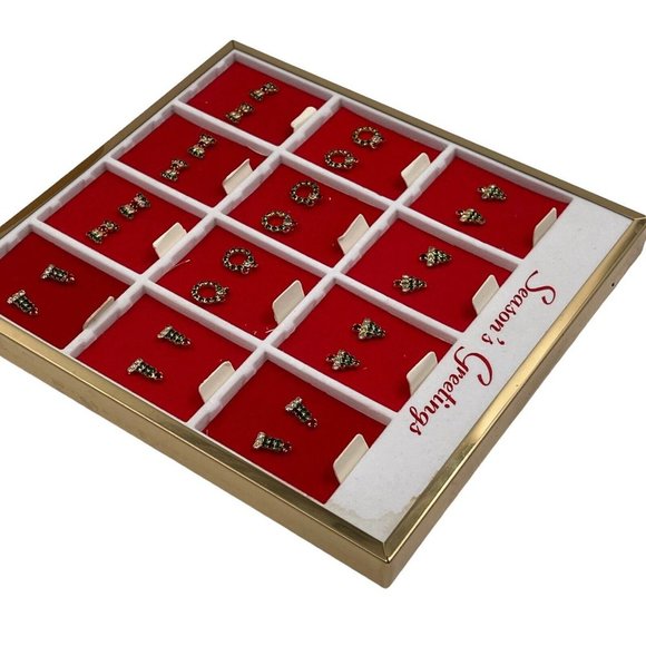 Vintage Earrings Christmas On Store Display Holiday Pierced 12 Pairs Rhinestones - Picture 4 of 12